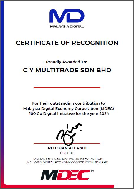 C Y Multitrade Sdn Bhd-MDEC certificate of Recognition TOP 50 partner in the 100 Go Digital